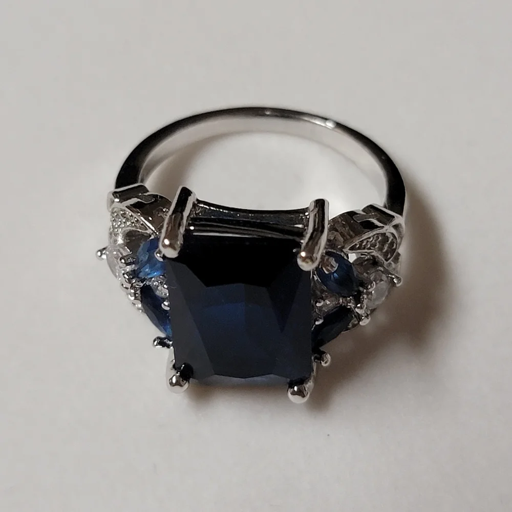 Simulated Sapphire Silver Tone Cocktail Ring Angel Wings and Marquise Stones